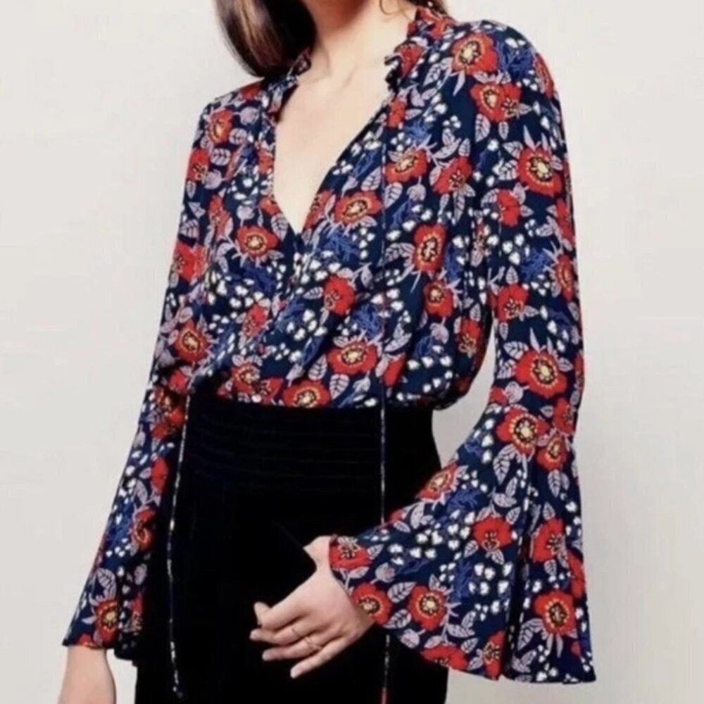 Free People Magic Mystery Tunic Top Shirt Floral Boho Long Sleeve Blue S Small